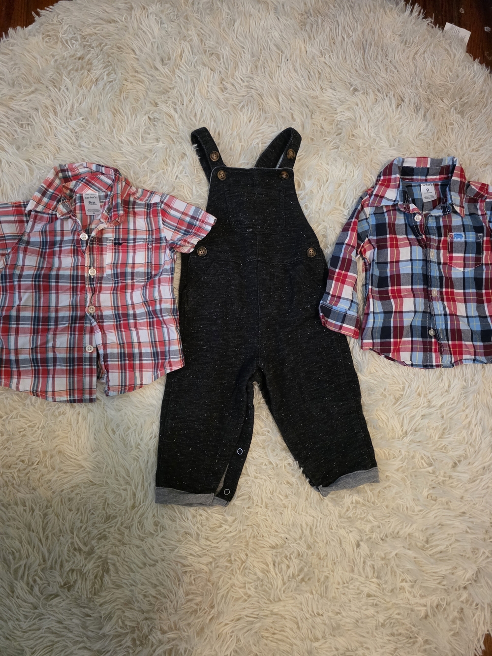 Carter's Red and Blue Plaid Button-Up Set with Black Overalls
